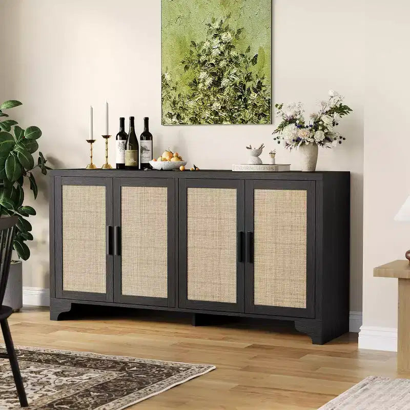Aparador de ratán natural de 4 puertas, aparador de almacenamiento de estilo rústico con patas de madera para cocina, comedor o recibidor, 155.9 cm (largo) x 39.8 cm (profundidad)