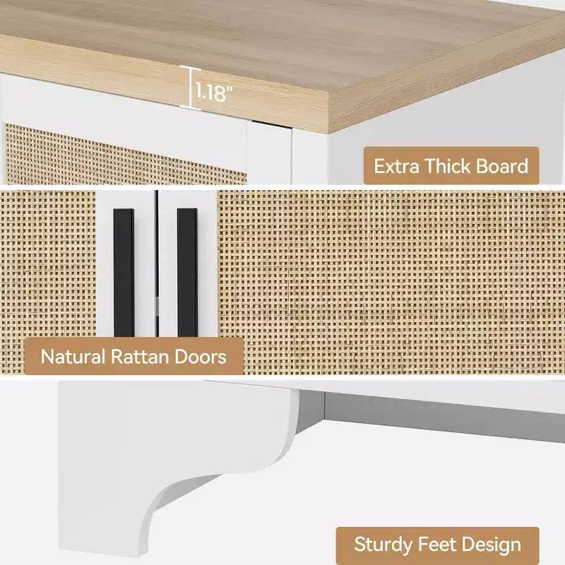 Aparador de ratán natural de 4 puertas, aparador de almacenamiento de estilo rústico con patas de madera para cocina, comedor o recibidor, 155.9 cm (largo) x 39.8 cm (profundidad)