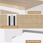 Aparador de ratán natural de 4 puertas, aparador de almacenamiento de estilo rústico con patas de madera para cocina, comedor o recibidor, 155.9 cm (largo) x 39.8 cm (profundidad)