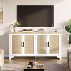 Aparador de ratán natural de 4 puertas, aparador de almacenamiento de estilo rústico con patas de madera para cocina, comedor o recibidor, 155.9 cm (largo) x 39.8 cm (profundidad)