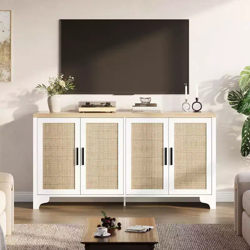 Aparador de ratán natural de 4 puertas, aparador de almacenamiento de estilo rústico con patas de madera para cocina, comedor o recibidor, 155.9 cm (largo) x 39.8 cm (profundidad)