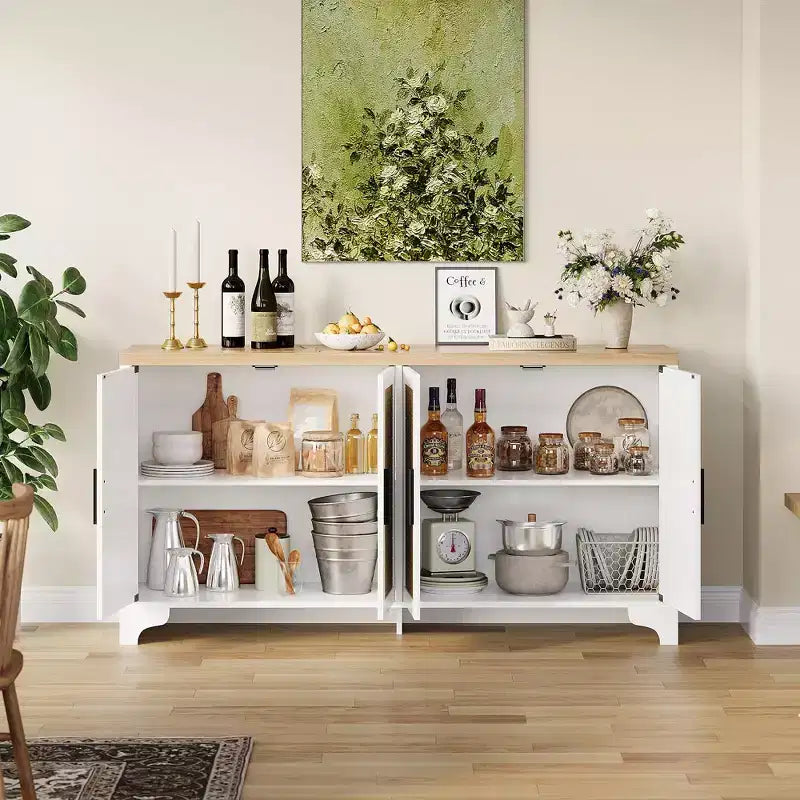 Aparador de ratán natural de 4 puertas, aparador de almacenamiento de estilo rústico con patas de madera para cocina, comedor o recibidor, 155.9 cm (largo) x 39.8 cm (profundidad)