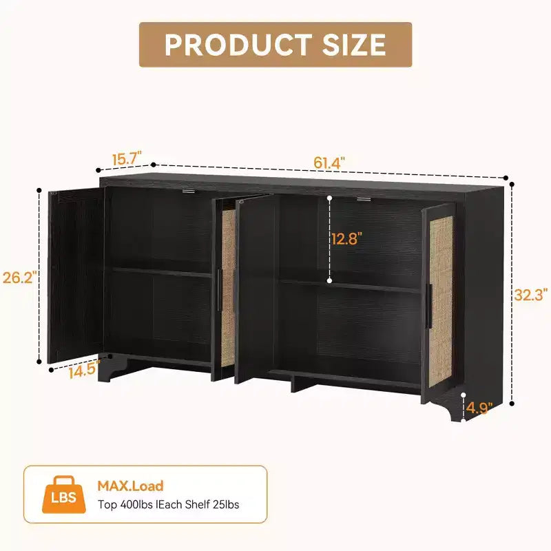 Aparador de ratán natural de 4 puertas, aparador de almacenamiento de estilo rústico con patas de madera para cocina, comedor o recibidor, 155.9 cm (largo) x 39.8 cm (profundidad)