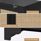Aparador de ratán natural de 4 puertas, aparador de almacenamiento de estilo rústico con patas de madera para cocina, comedor o recibidor, 155.9 cm (largo) x 39.8 cm (profundidad)