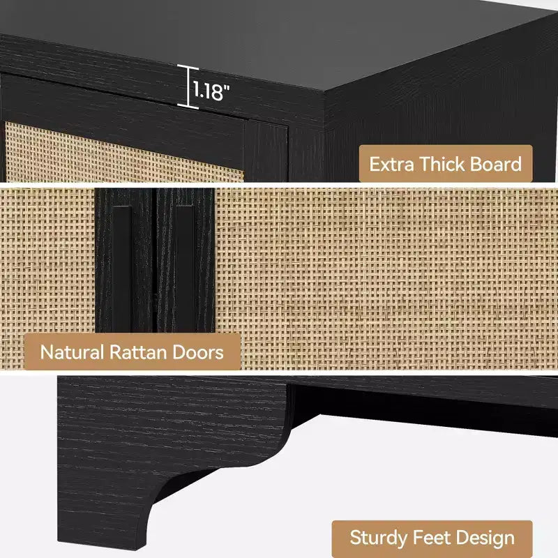 Aparador de ratán natural de 4 puertas, aparador de almacenamiento de estilo rústico con patas de madera para cocina, comedor o recibidor, 155.9 cm (largo) x 39.8 cm (profundidad)