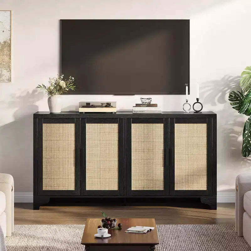 Aparador de ratán natural de 4 puertas, aparador de almacenamiento de estilo rústico con patas de madera para cocina, comedor o recibidor, 155.9 cm (largo) x 39.8 cm (profundidad)