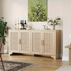 Aparador de ratán natural de 4 puertas, aparador de almacenamiento de estilo rústico con patas de madera para cocina, comedor o recibidor, 155.9 cm (largo) x 39.8 cm (profundidad)