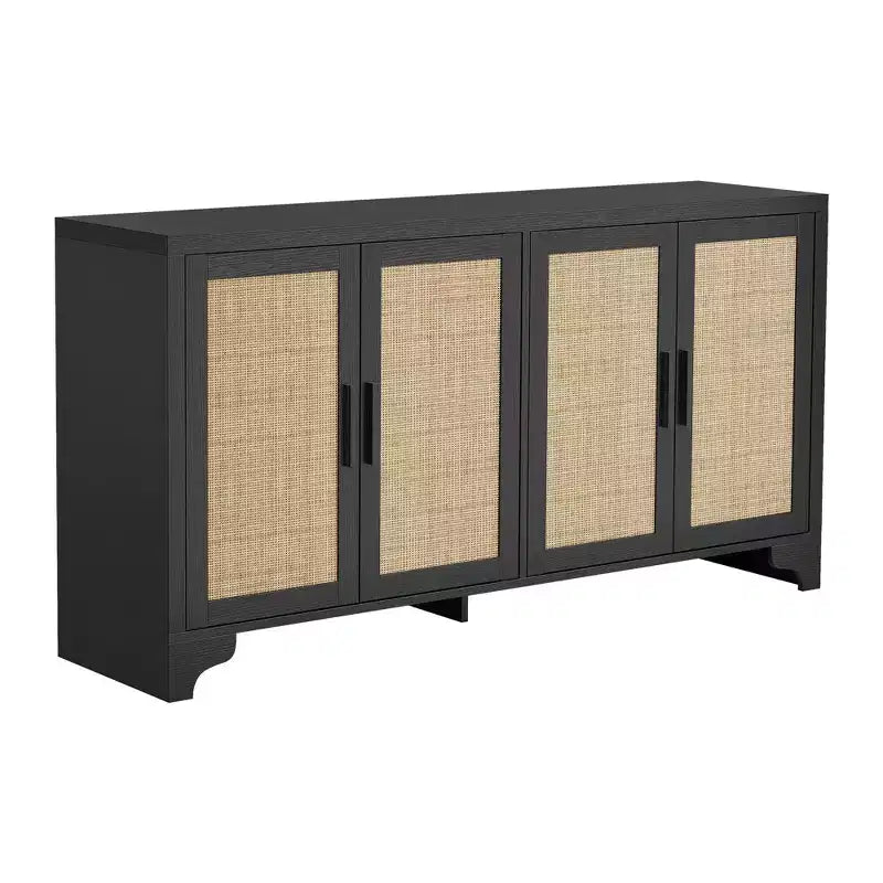 Natural Rattan 4-Door Sideboard Cabinet, Farmhouse Storage Buffet with Wood Legs for Kitchen, Dining Room or Entryway, 61.4 L x 15.7 D