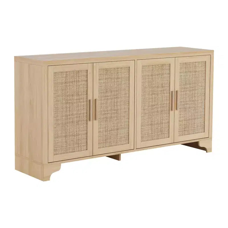 Aparador de ratán natural de 4 puertas, aparador de almacenamiento de estilo rústico con patas de madera para cocina, comedor o recibidor, 155.9 cm (largo) x 39.8 cm (profundidad)