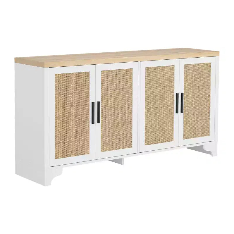 Aparador de ratán natural de 4 puertas, aparador de almacenamiento de estilo rústico con patas de madera para cocina, comedor o recibidor, 155.9 cm (largo) x 39.8 cm (profundidad)