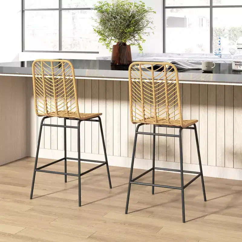 Juego de 2 Taburetes de Bar de Ratán, Taburetes de Barra de Mimbre con Patas de Acero y Reposapiés para Comedor, Cocina, Pub, Amarillo