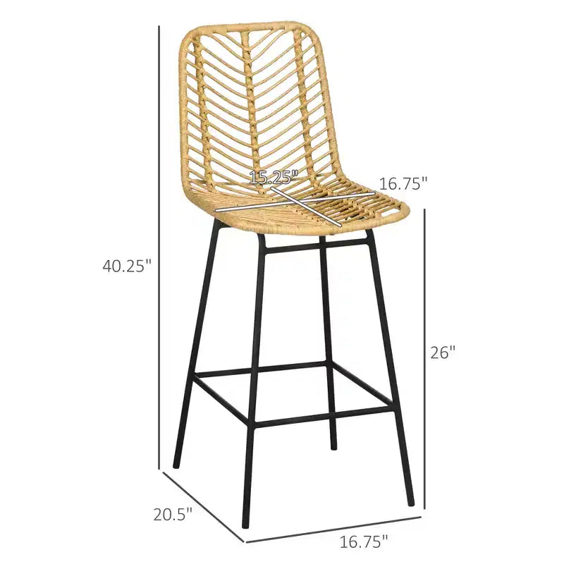 Juego de 2 Taburetes de Bar de Ratán, Taburetes de Barra de Mimbre con Patas de Acero y Reposapiés para Comedor, Cocina, Pub, Amarillo