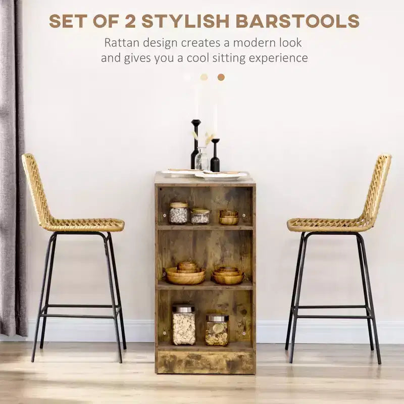 Juego de 2 Taburetes de Bar de Ratán, Taburetes de Barra de Mimbre con Patas de Acero y Reposapiés para Comedor, Cocina, Pub, Amarillo