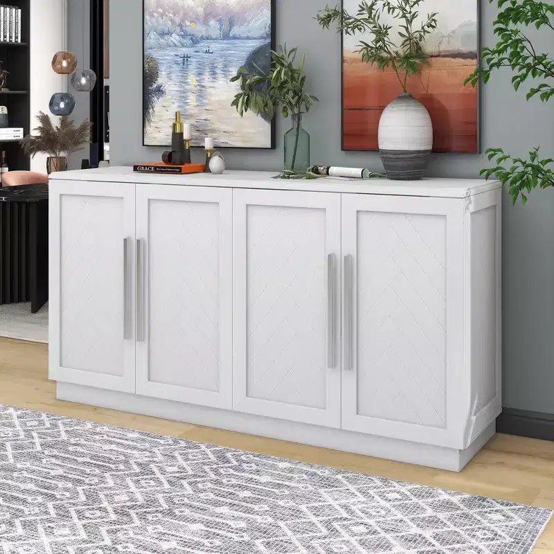 Whisen Retro 4-door Sideboard with Adjustable Shelves and Silver Handles for Kitchen, Dining Room, Living Room