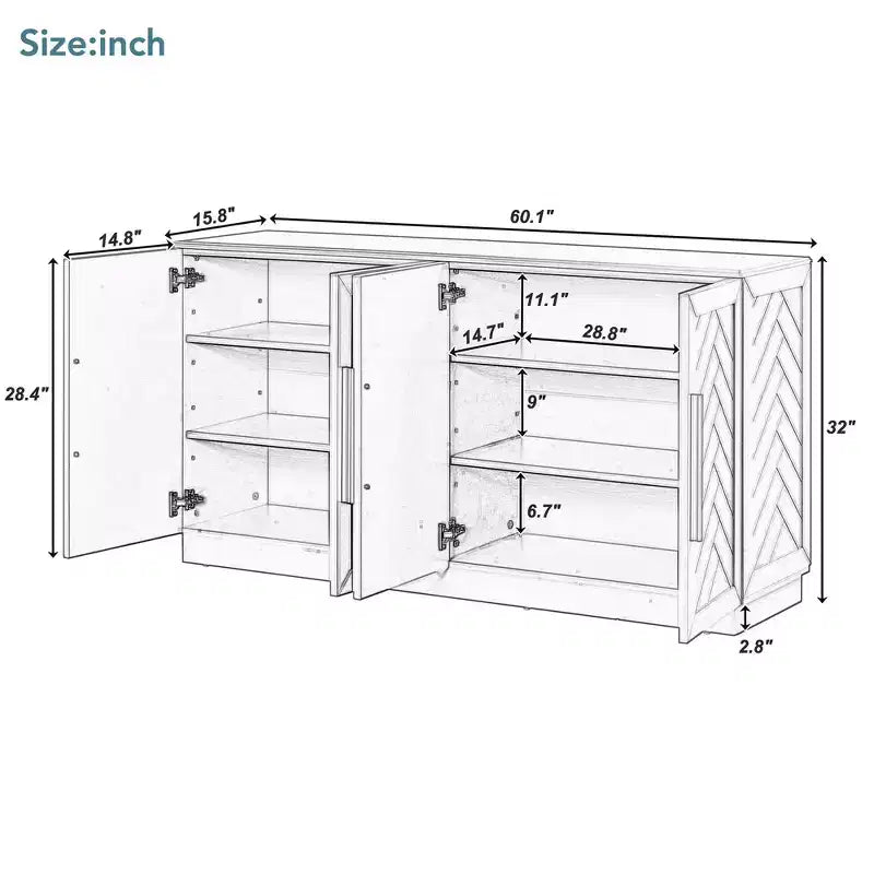 Aparador retro de 4 puertas con estantes ajustables y tiradores plateados para cocina, comedor, sala de estar