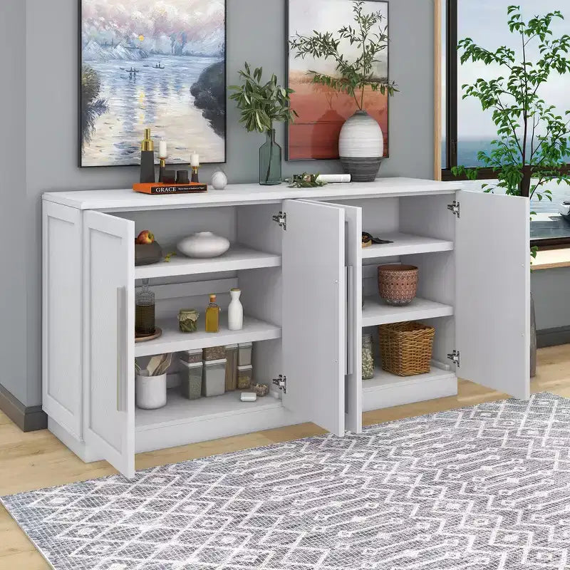 Aparador retro de 4 puertas con estantes ajustables y tiradores plateados para cocina, comedor, sala de estar