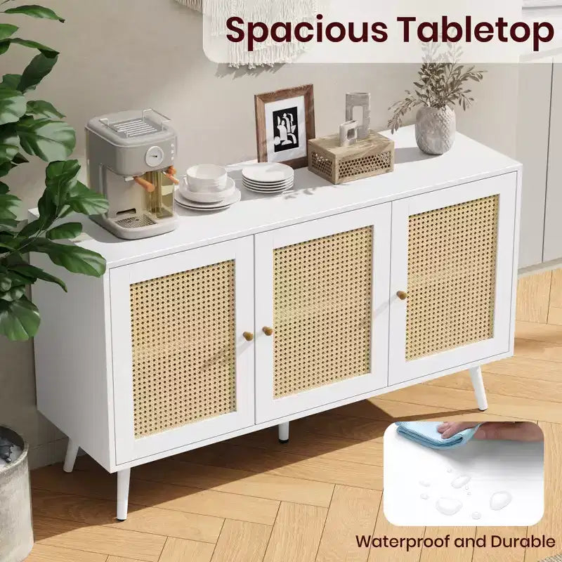 Mueble aparador/credenza de ratán de 3 puertas con almacenamiento, independiente para cocina y comedor