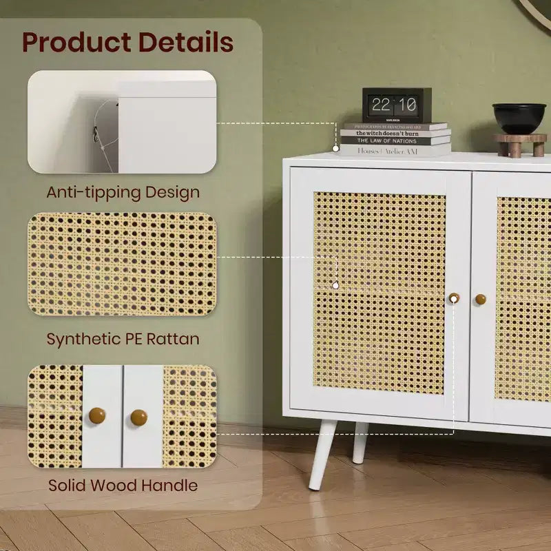Mueble aparador/credenza de ratán de 3 puertas con almacenamiento, independiente para cocina y comedor