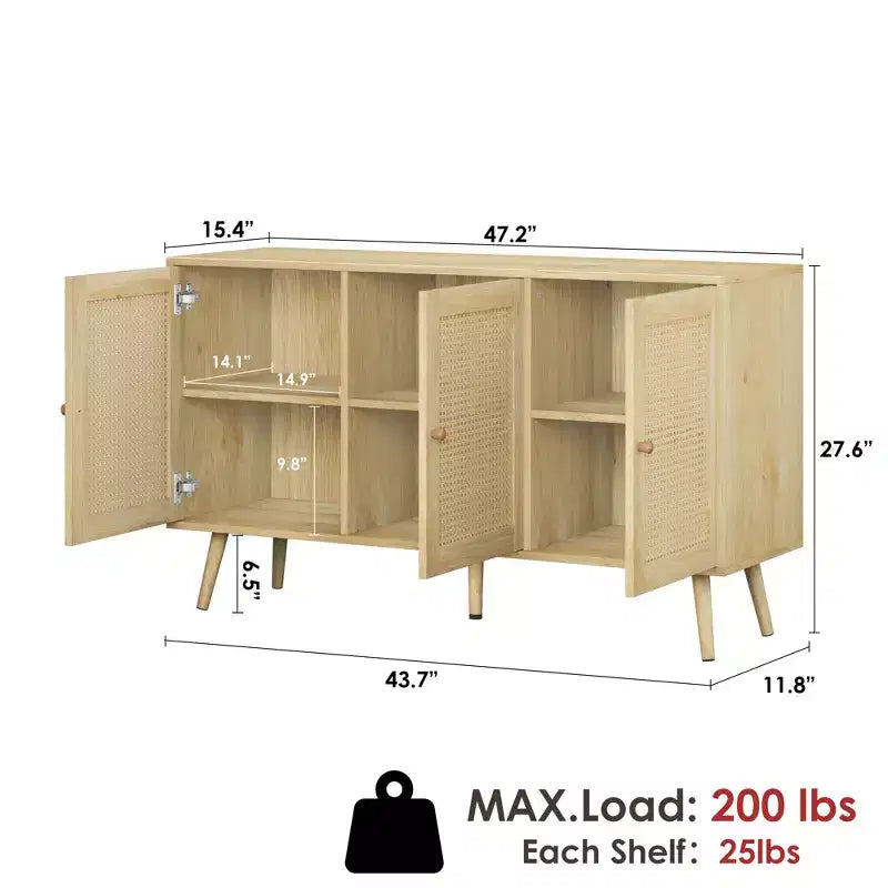 Mueble aparador/credenza de ratán de 3 puertas con almacenamiento, independiente para cocina y comedor