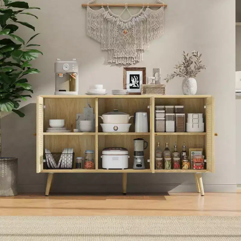 Mueble aparador/credenza de ratán de 3 puertas con almacenamiento, independiente para cocina y comedor