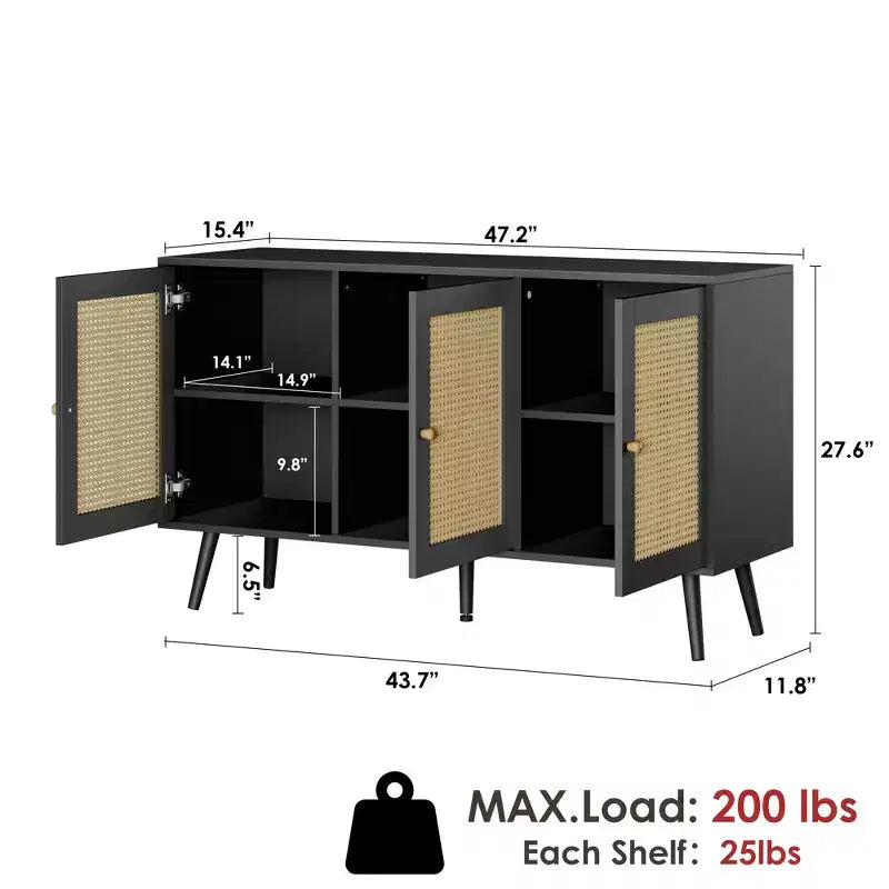 Mueble aparador/credenza de ratán de 3 puertas con almacenamiento, independiente para cocina y comedor