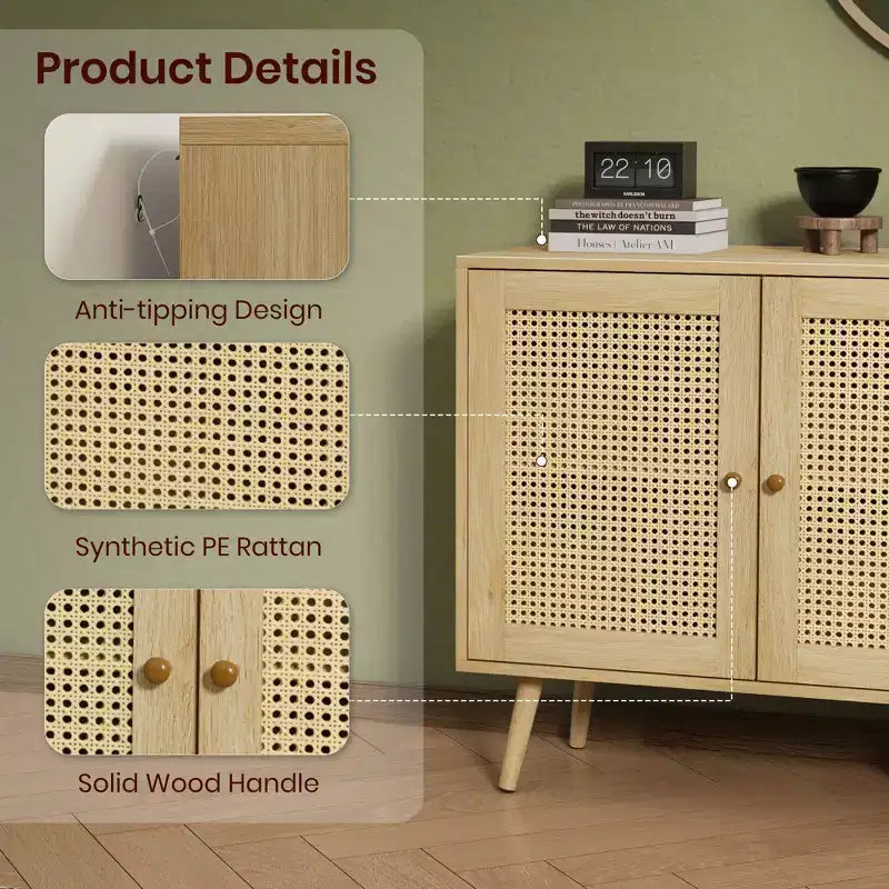 Mueble aparador/credenza de ratán de 3 puertas con almacenamiento, independiente para cocina y comedor
