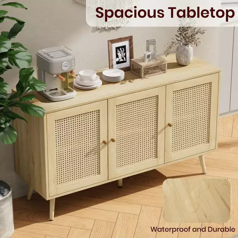 Mueble aparador/credenza de ratán de 3 puertas con almacenamiento, independiente para cocina y comedor
