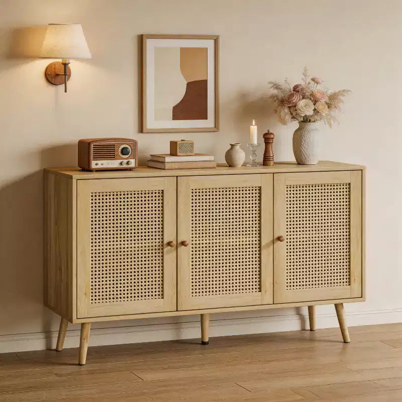 Mueble aparador/credenza de ratán de 3 puertas con almacenamiento, independiente para cocina y comedor
