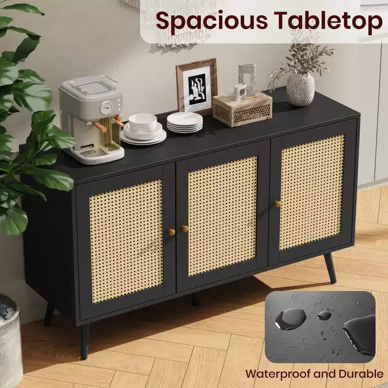 Mueble aparador/credenza de ratán de 3 puertas con almacenamiento, independiente para cocina y comedor