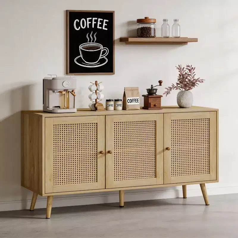 Mueble aparador/credenza de ratán de 3 puertas con almacenamiento, independiente para cocina y comedor