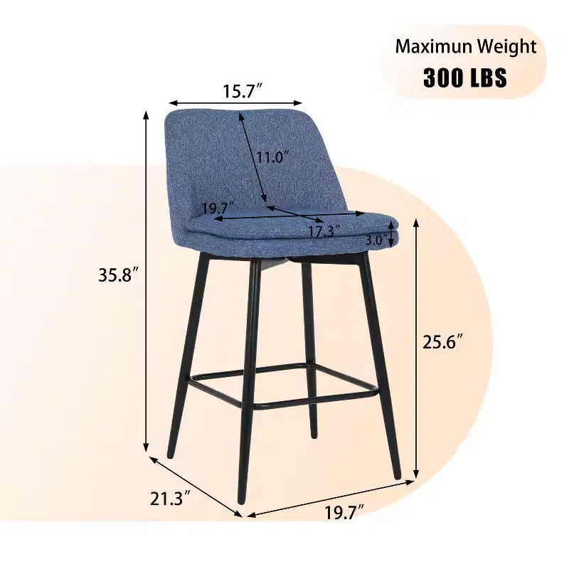 Juego de 2 taburetes de bar de altura de mostrador con giro de 360°, taburetes de bar tapizados en lino con respaldo y patas de metal, para isla de cocina, pub en casa
