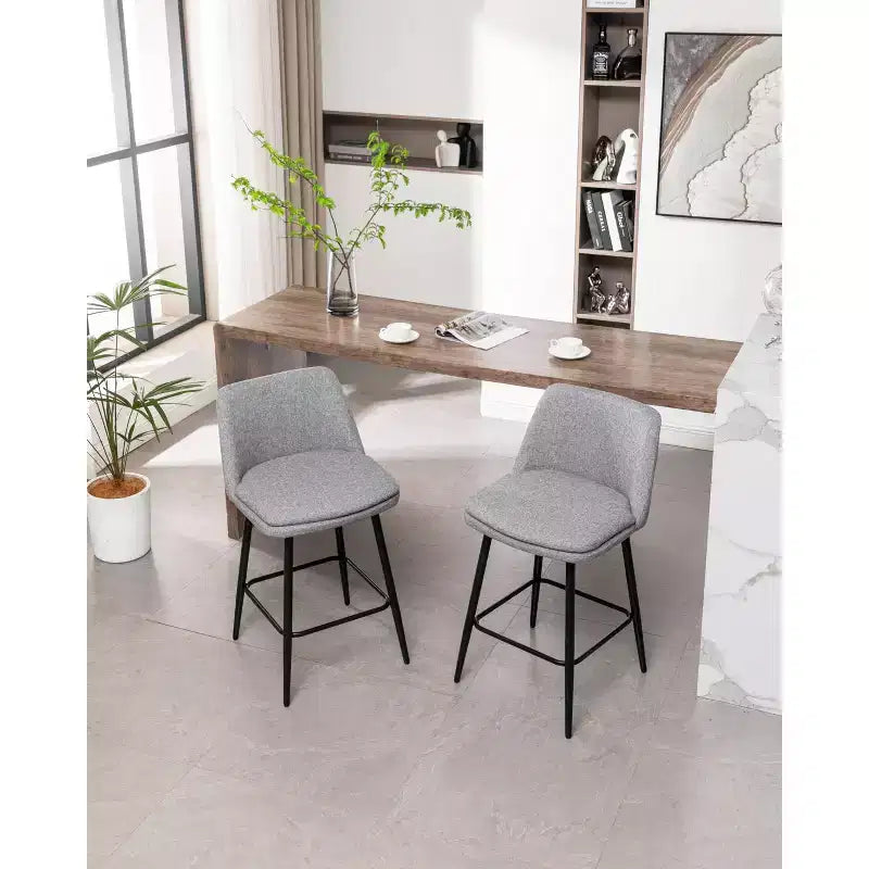 Okak Counter Height Bar Stools Set of 2 with 360 Swivel, Upholstered Linen Barstools with Back and Metal Legs, for Kitchen Island, Home Pub