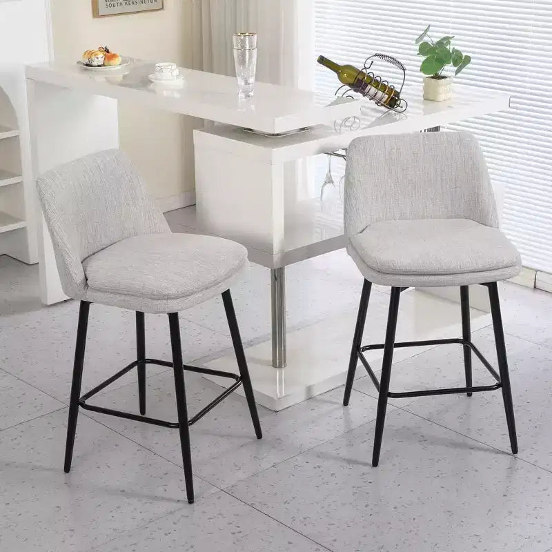 Juego de 2 taburetes de bar de altura de mostrador con giro de 360°, taburetes de bar tapizados en lino con respaldo y patas de metal, para isla de cocina, pub en casa