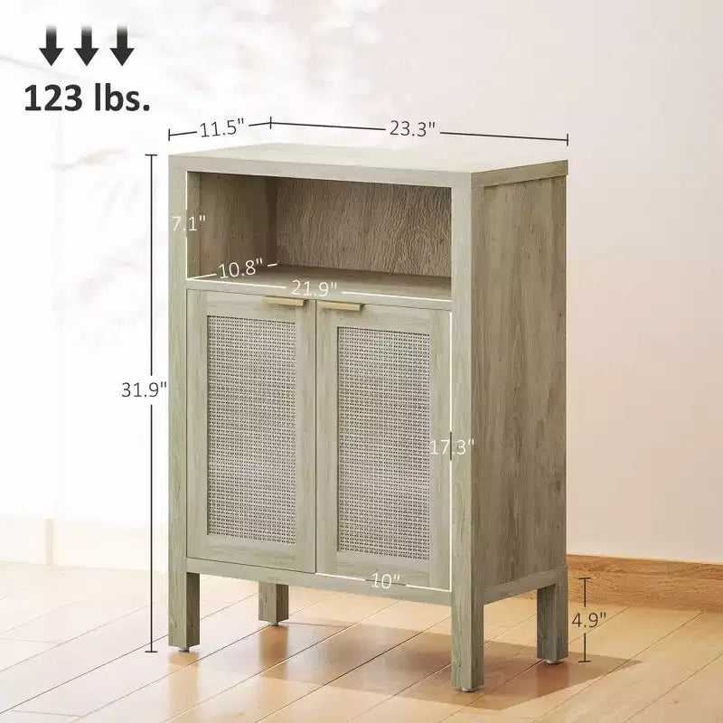 Mueble esquinero de café de estilo nórdico natural con estante abierto y puertas de ratán, aparador tipo bufé para comedor