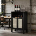 Mueble esquinero de café de estilo nórdico natural con estante abierto y puertas de ratán, aparador tipo bufé para comedor