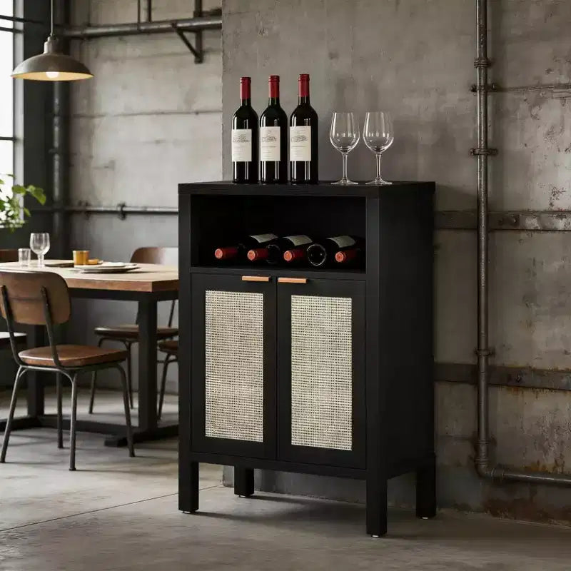 Mueble esquinero de café de estilo nórdico natural con estante abierto y puertas de ratán, aparador tipo bufé para comedor