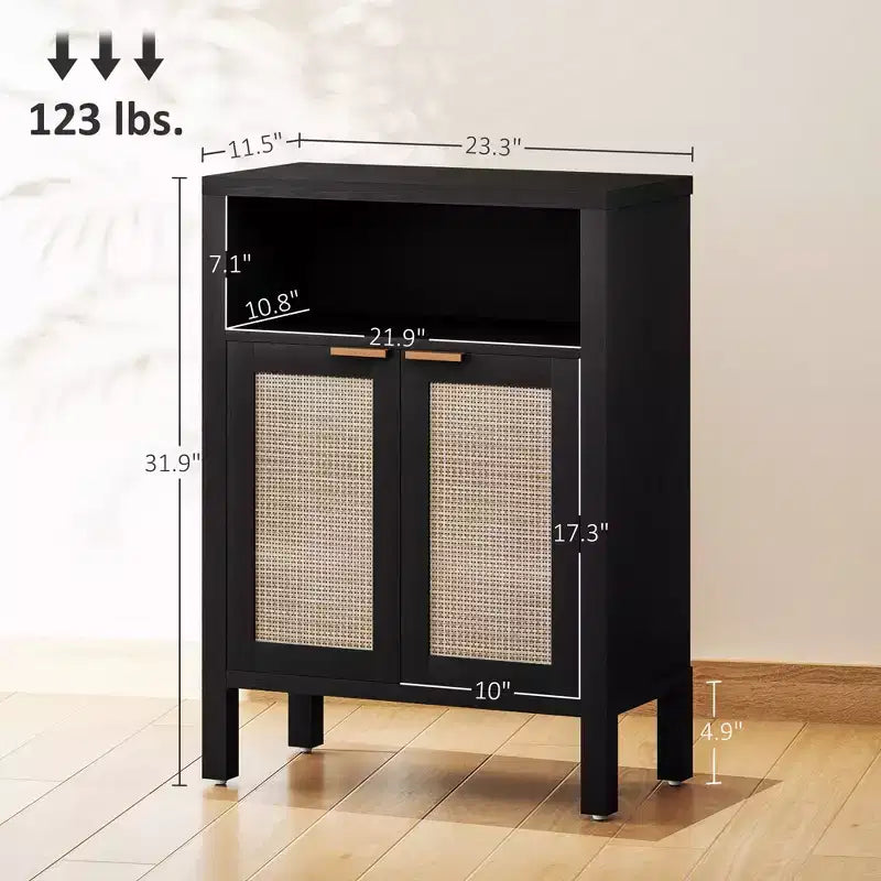 Mueble esquinero de café de estilo nórdico natural con estante abierto y puertas de ratán, aparador tipo bufé para comedor