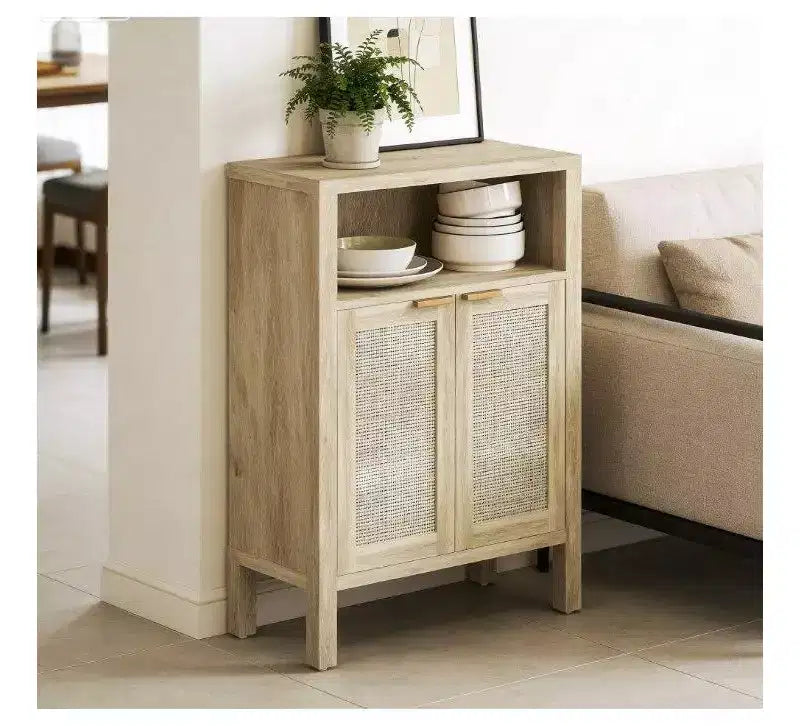 Mueble esquinero de café de estilo nórdico natural con estante abierto y puertas de ratán, aparador tipo bufé para comedor