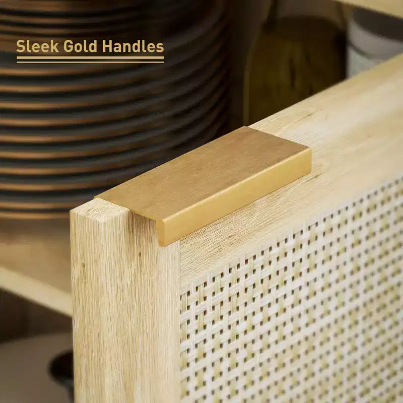 Mueble esquinero de café de estilo nórdico natural con estante abierto y puertas de ratán, aparador tipo bufé para comedor