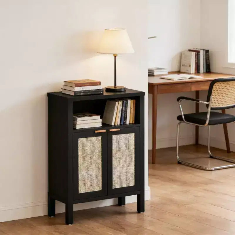 Okak Natural Nordic Style Coffee Bar Cabinet with Open Shelf & Rattan Doors,Storage Sideboard Buffet Cabinet for Corner,Dining Room