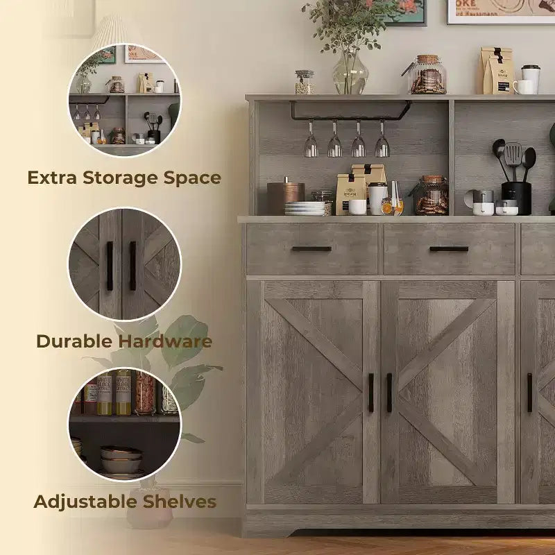 Aparador rústico con soporte para microondas, armario de almacenamiento con cajones y estantes, mueble de barra de café con vitrina