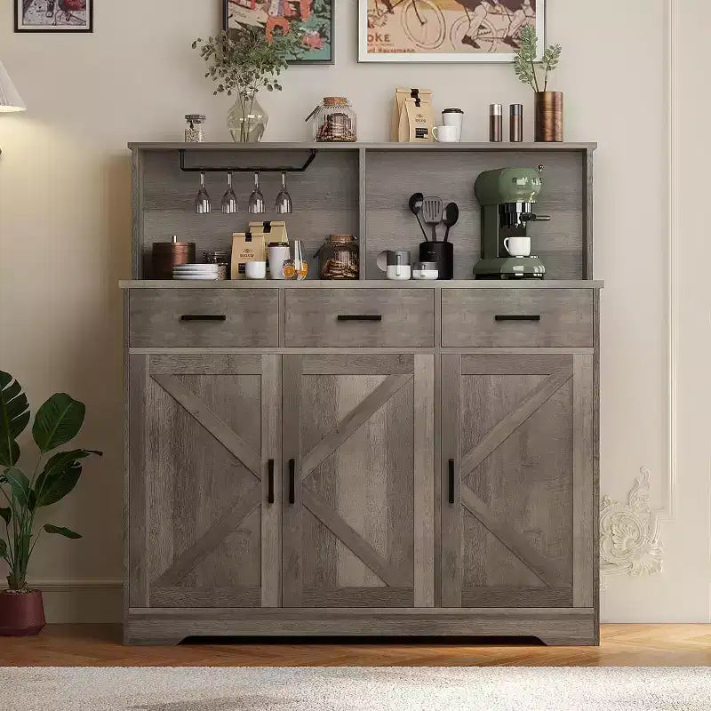 Aparador rústico con soporte para microondas, armario de almacenamiento con cajones y estantes, mueble de barra de café con vitrina