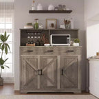 Aparador rústico con soporte para microondas, armario de almacenamiento con cajones y estantes, mueble de barra de café con vitrina