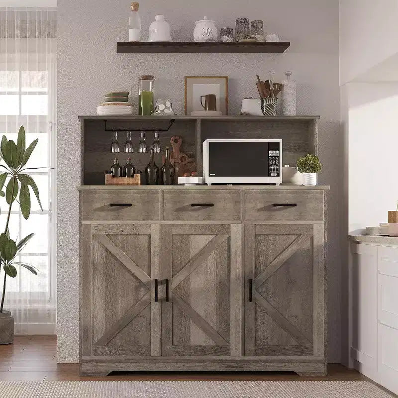 Aparador rústico con soporte para microondas, armario de almacenamiento con cajones y estantes, mueble de barra de café con vitrina