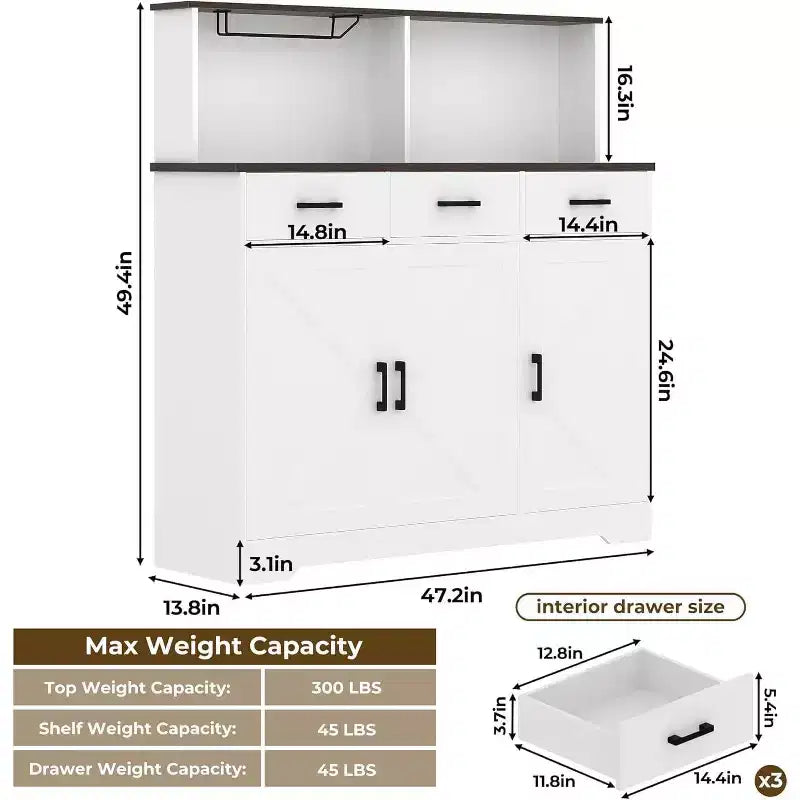 Aparador rústico con soporte para microondas, armario de almacenamiento con cajones y estantes, mueble de barra de café con vitrina