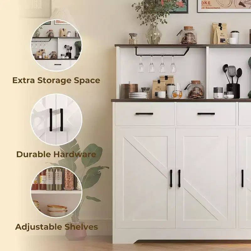 Aparador rústico con soporte para microondas, armario de almacenamiento con cajones y estantes, mueble de barra de café con vitrina
