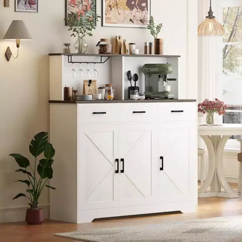 Aparador rústico con soporte para microondas, armario de almacenamiento con cajones y estantes, mueble de barra de café con vitrina