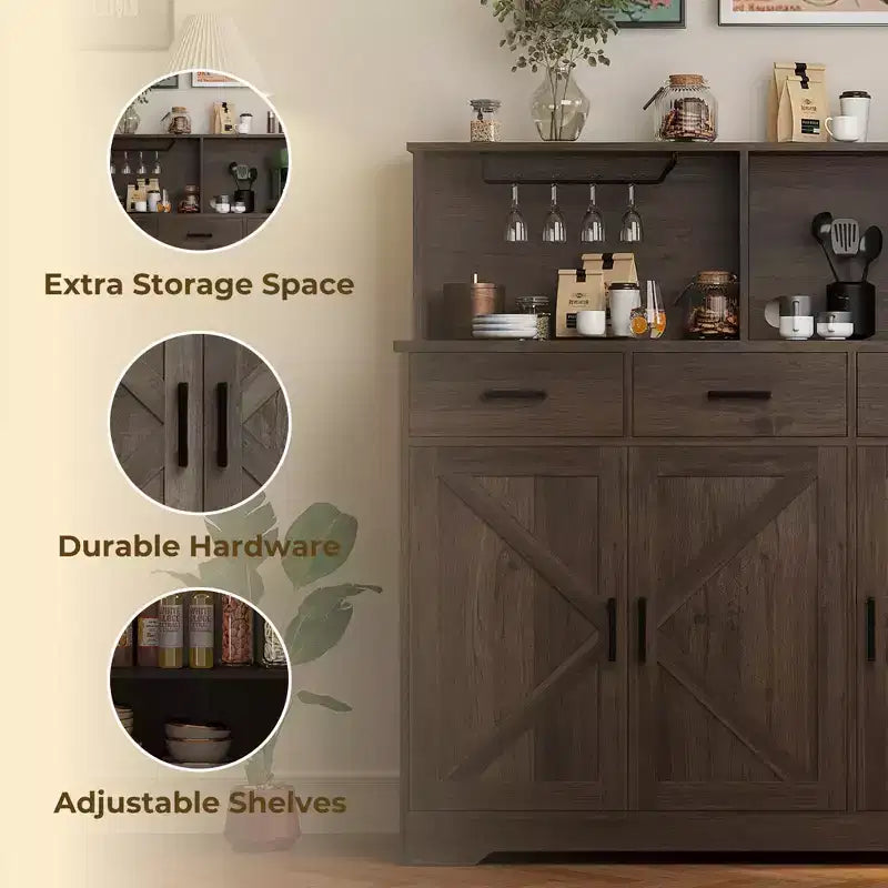 Aparador rústico con soporte para microondas, armario de almacenamiento con cajones y estantes, mueble de barra de café con vitrina