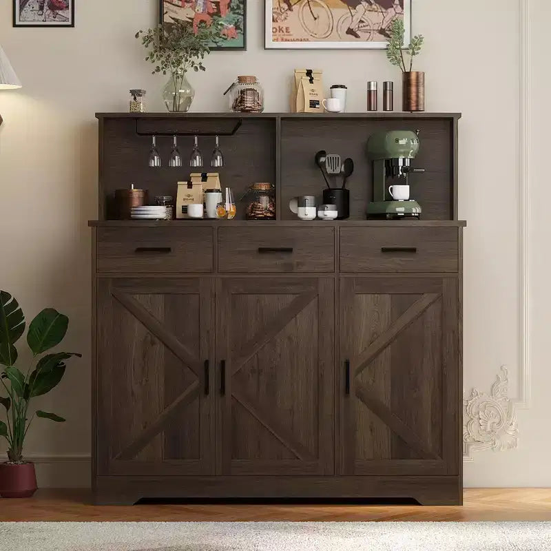 Aparador rústico con soporte para microondas, armario de almacenamiento con cajones y estantes, mueble de barra de café con vitrina