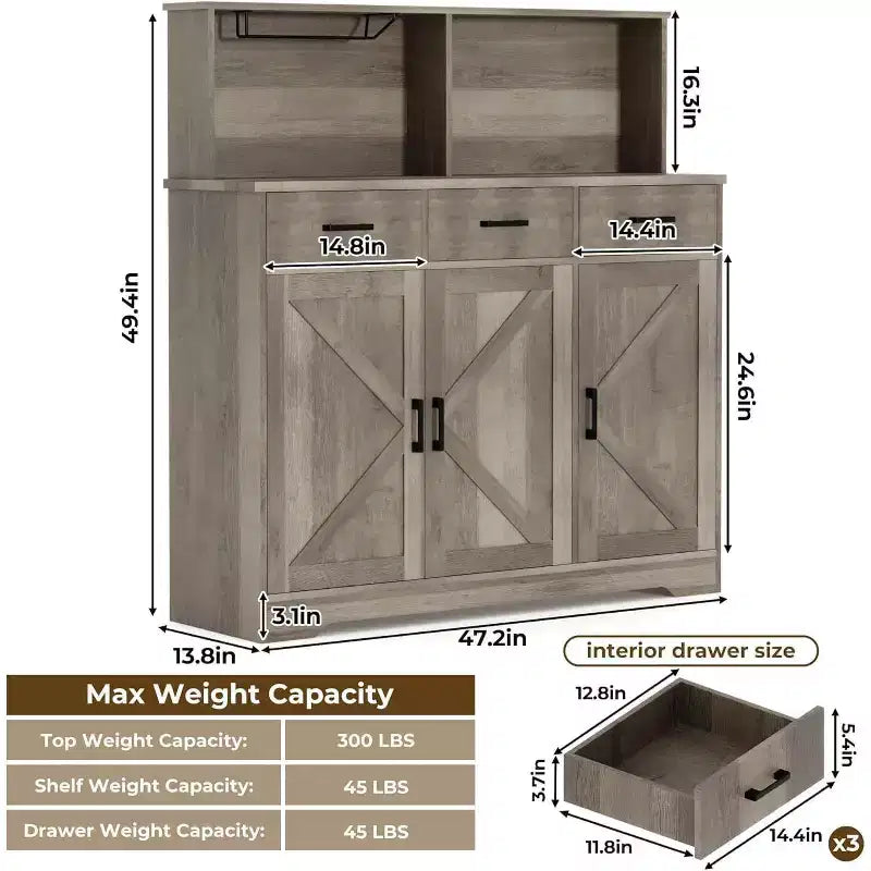 Aparador rústico con soporte para microondas, armario de almacenamiento con cajones y estantes, mueble de barra de café con vitrina
